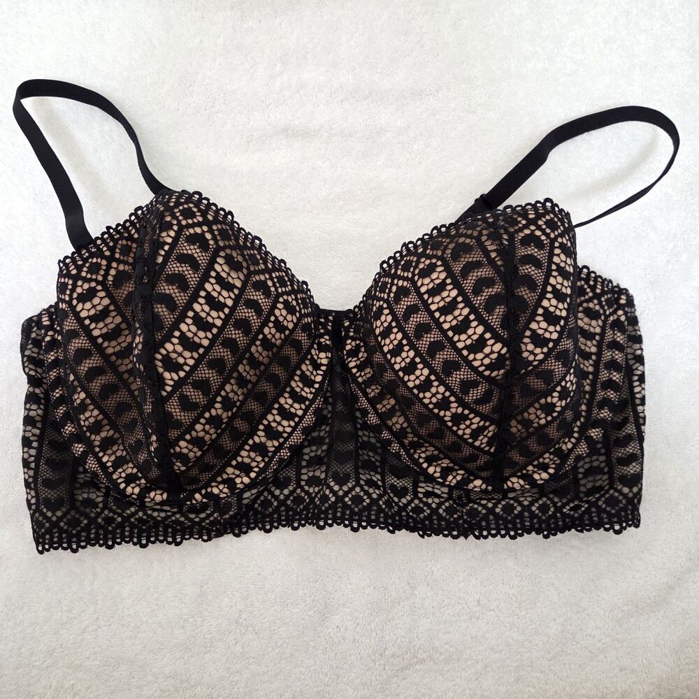 Adore Me Black Beige Nymphadora Contour Longline Balconette Bra 38DD